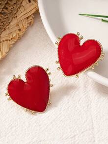 1 Pair Enamel Glazed Heart Shaped Metal Framed Earrings, Fashionable & Elegant, Suitable For Parties, Banquets And Daily Wear - Heart - View 4
