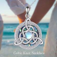 1Pc Exquisite Celtic Knot Moonstone Pendant Necklace Colorful Imitation Mother-Of-Pearl Craft Jewelry With Stainless Steel Chain Fashionable Men And Women  Street Wear Jewelry For Friends And Relatives Birthday Holiday Christmas Gift - 銀色 - 查看 8