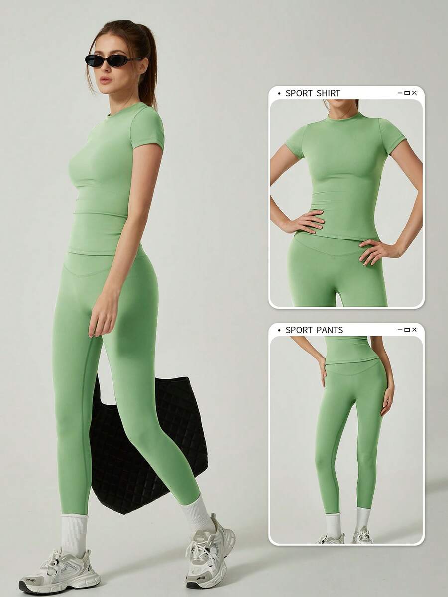 2pcs Women Summer Casual Wear Short Sleeve Top And Long Pants Yoga Fitness Set Moisture Wicking Sports Suit Gym Set - 綠色 - 查看 1