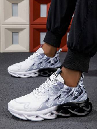 Men's Casual Sports Shoes, Streamlined Gradient Color Outsole With Lightweight Shock Absorption, Breathable White Mesh Sports Shoes, Available In Pink, Green And Blue Colorways, Suitable For Outdoor Activities