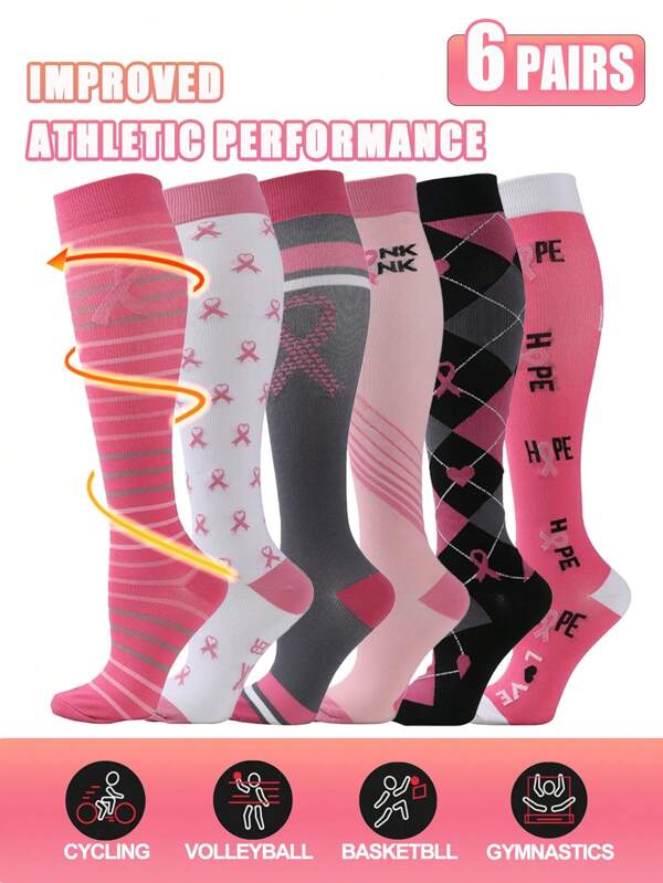 6 Pairs Compression Socks For Women,Butterfly Bow Diamond Grid Pattern, Sweet Style, Soft And Breathable, Suitable For Running, Exercising, Yoga, Valentine's Day Gifts, Mother's Day Gifts
