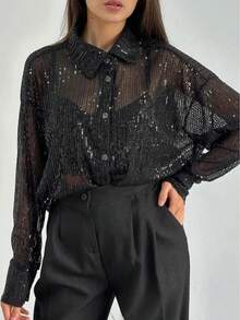 Women's Sequined Long-Sleeved Collar Shirt Button-Down Cardigan Loose Shirt, Fashionable, Suitable For Street, Music Festivals, Parties - màu đen - Xem 3