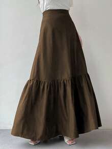 2025 Fashion Daily Elegant Street Commuter Solid Color Zipper Splicing Women's Long Skirt Suitable For Spring, Autumn And Winter - Coffee Brown - View 6