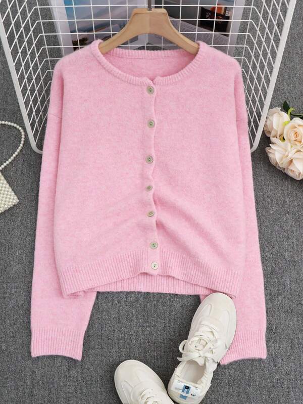 Cárdigan de invierno grueso con botones de concha rosa y estilo lindo y relajado para mujer, con estética vintage, de playa y aeropuerto, de moda Y2K
