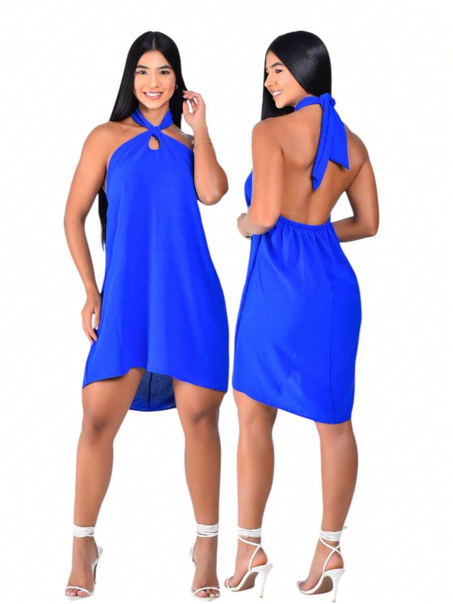 Simple Dress Fabric Backless / Backless Tie Party Daily Formal & Evening Travel - 寶藍色 - 查看 1