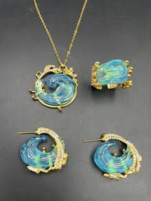 HOTNICE 女士波西米亚风格海浪首饰套装 - 优雅的蓝色波浪项链，搭配耳环和戒指，是海滩主题礼物、海滩配饰的完美选择 | 优雅的首饰套装 - 金色 - 查看 2