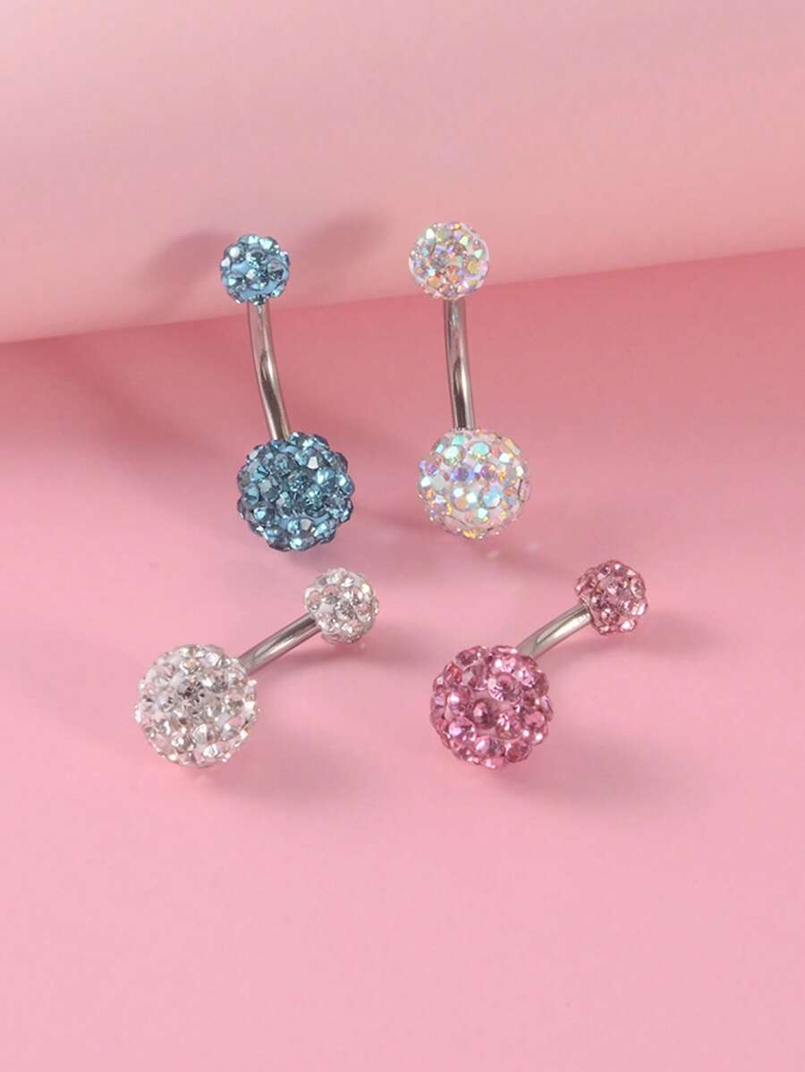 4pcs/set Rhinestone Decor Navel Belly Ring Popular Piercing Body Jewelry Gift For Women & Men - Multicolor - View 1