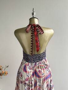 Rusttydustty 波西米亚风拼接挂脖长裙佩斯利印花露背度假连衣裙长款碎花连衣裙