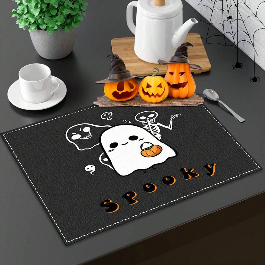 1 pieza/4 piezas/6 piezas Manteles individuales de lino con estampado de fantasmas, Halloween, regalo de Halloween, adecuado para mesa de comedor, decoración para todas las estaciones, manteles individuales lavables, decoración de habitación, manteles individuales, posavasos, manteles de mesa de cocina y comedor, decoración de fiesta interior y exterior, decoración del hogar, regalo ideal
