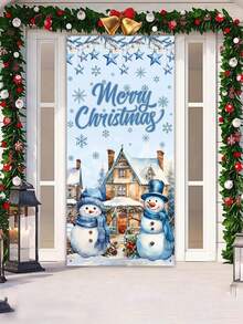 1 Stück Weihnachtsthema Türfahne, blaues Thema Türabdeckung, Winterhaus & Schnee Landschaft Muster, Schneemann Dekoration, Fröhliche Weihnachten, 78x156cm, Polyesterflagge, geeignet für Weihnachtsdekoration Fahne, Weihnachtstür Vorhang Dekoration, Weihnachtsdekoration für Zuhause - Verschiedenfarbig - Übersicht 9