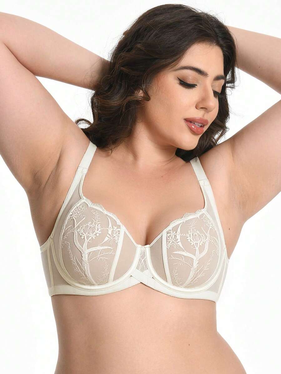 WINGSLOVE Sutien sexy din dantelă pentru femei mărime mare, sutien transparent din plasă fără burete, sutien brodat cu armătură, ridicare - alb - Vizualizare 1