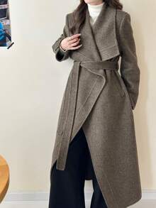Classic Ribbed Trench Coat, Women's Large Lapel Double-Faced Wool Overcoat With Belt, Autumn Winter Casual. - Gray Green - View 6