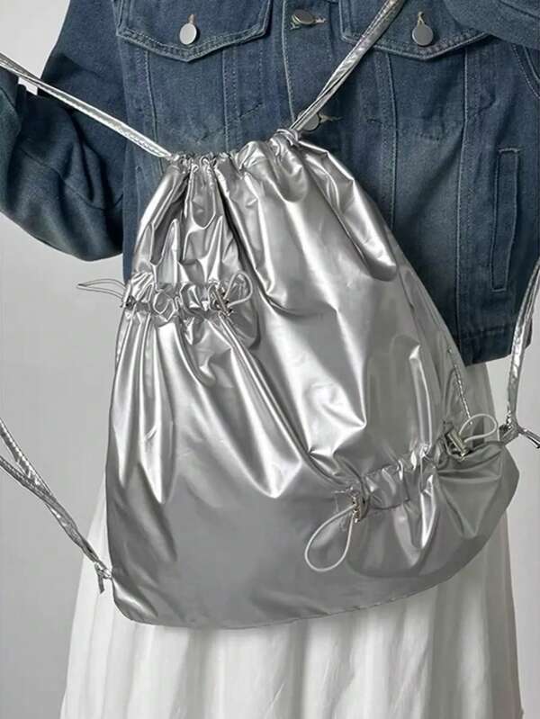2025 New Fashion Silver Drawstring Backpack, Lightweight Large Capacity Women Backpack