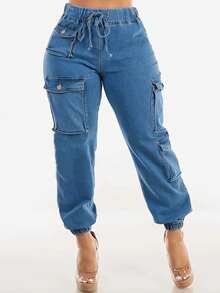 Pantalon para dama mezclilla  Liso    Casual  Fiesta    Bolsillo  Nudo  Cordón - Azul lavado medio - Ver 2