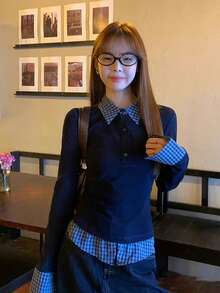 Polo Collar Long Sleeve T-Shirt With Design, Slim-Fit Layering Top - Blue - View 6