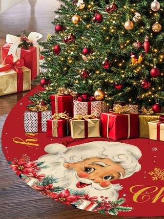 1pc Christmas Tree Skirt, Diameter 60/90cm Optional, Santa Claus Red Background Snowflake Pattern Design, Christmas Tree Decoration, Christmas Holiday Home Decor, Merry Christmas