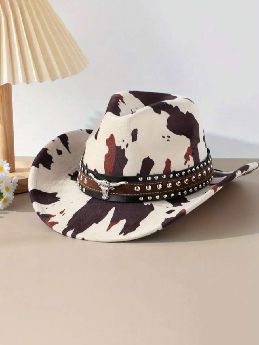 1pc Unisex Polyester Cow Print Cowboy Hat - Leather Rivet And Cow Skull Decor, Suitable For Horseback Riding, Outdoor Travel, Cowboy Party And Daily Wear - Multicolor - View 1
