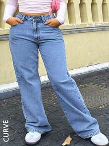 Large Size Women's Simple Casual Loose Straight Tube Y2K Pocket Bow Embroidery Washed Denim Pants - Rửa nhẹ - Xem 5