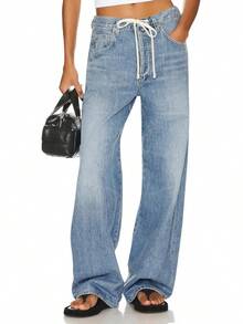 PLNOTME Womens Baggy Wide Leg Jeans Boyfriend Drawstring High Waisted Mom Pants With Pockets