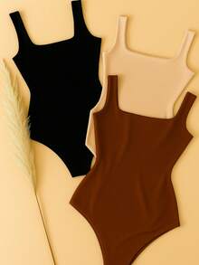 Kit 3 Women's Bodysuit, Strappy Tank Top, Square Neckline, Casual, Suplex, Sleeveless, Double Layer, Various Colors - ĐEN/BEI/NÂU - Xem 1