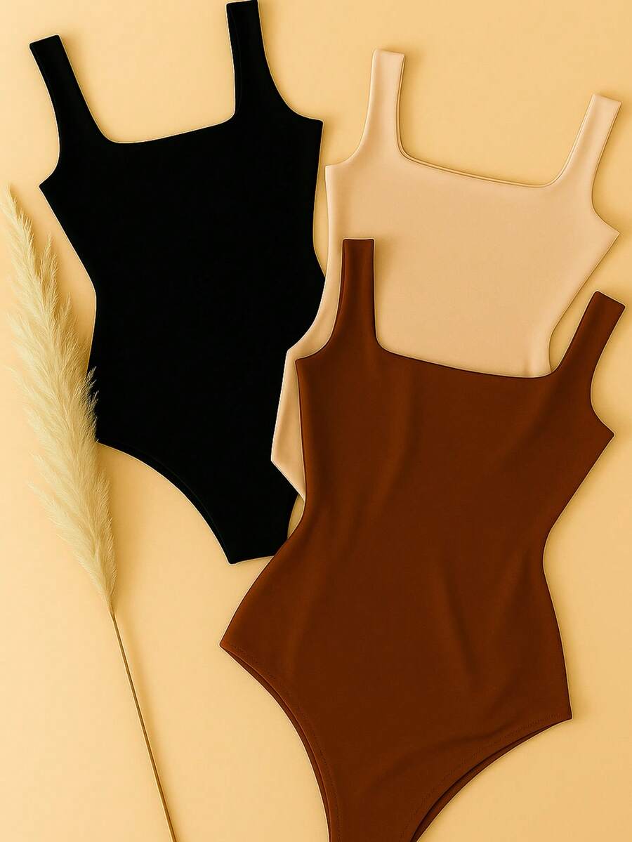 Kit 3 Women's Bodysuit, Strappy Tank Top, Square Neckline, Casual, Suplex, Sleeveless, Double Layer, Various Colors - ĐEN/BEI/NÂU - Xem 1