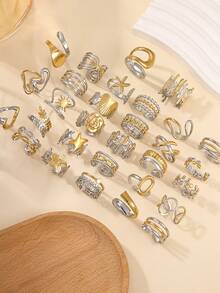 6/16/12/24pcs Stainless Steel Gold & Silver Tone Mixed Geometric Pattern Rings Set, Random Style Delivery, Adjustable Size, Suitable For Women Daily Decoration Or Gift - Gold and Silver - View 2