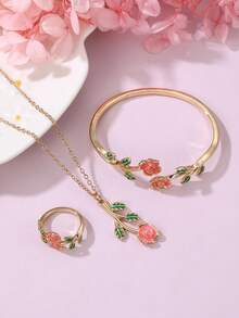 3件套女孩玫瑰花项链手链戒指首饰套装 - 彩色 - 查看 5