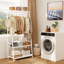 UNHO Heavy Duty Clothes Rack Modern Simple White Rail Open Wardrobe Bamboo Wood Stand - White - View 3