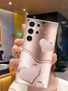 1pc Glitter Diamond Heart Transparent Soft Phone Case, Compatible With Samsung Galaxy A04e/12/A13/A14/A34/A50/A52/A53/A54/S21/S22/S23/S24/S25/S25Ultra, Flat Print Pattern, Not Moissanite