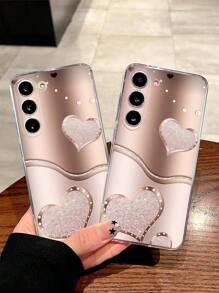 1pc Glitter Diamond Heart Transparent Soft Phone Case, Compatible With Samsung Galaxy A04e/12/A13/A14/A34/A50/A52/A53/A54/S21/S22/S23/S24/S25/S25Ultra, Flat Print Pattern, Not Moissanite