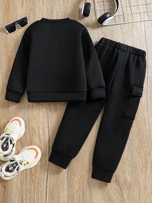 Toddler Letter Print Warm Crew Neck Sweatshirt And Pants Set - Black - View 2