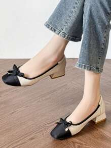 HanDuEke Women's Chunky Heel Bow Slip-On Square Toe Comfortable Elegant Pumps, Color Blocking Work Shoes, Plus Size