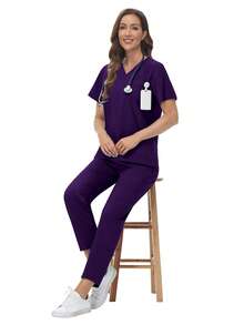 Bộ đồng phục spa dành cho nữ, thoáng khí, mềm mại, tay ngắn và quần ống đứng, thích hợp cho thợ làm móng, kỹ thuật viên làm móng, y tá, mùa xuân. - Màu tím - Xem 6