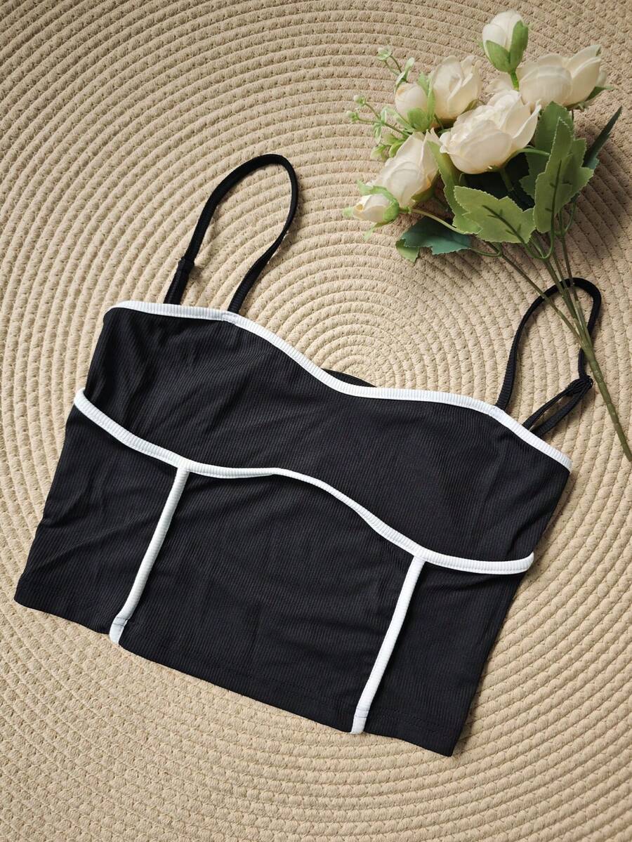 Top de tirantes sin espalda en blanco y negro de estilo casual y elegante, de dos tonos, para uso diario, primavera/verano, para mujer - Negro - Ver 1