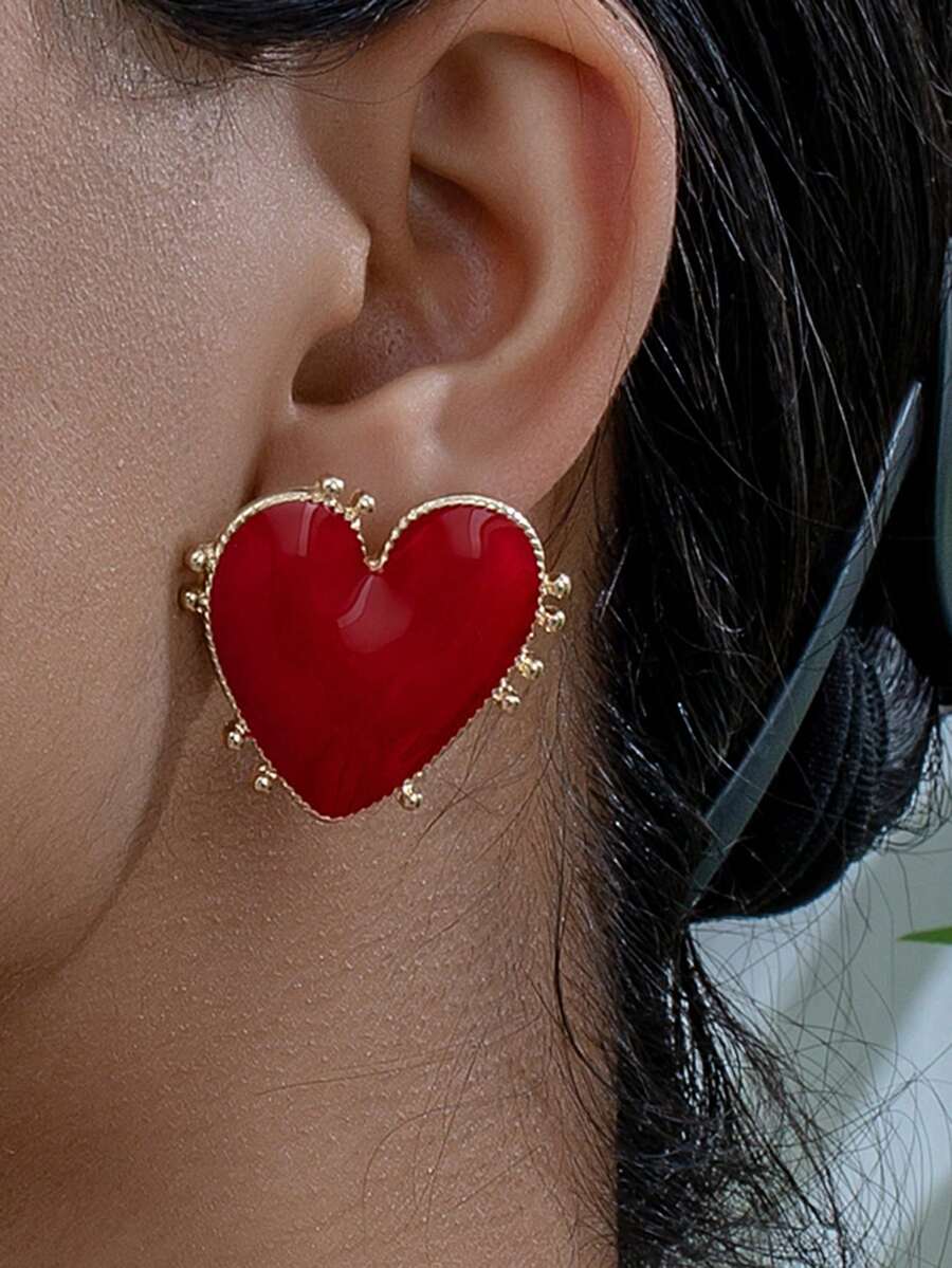 1 Pair Enamel Glazed Heart Shaped Metal Framed Earrings, Fashionable & Elegant, Suitable For Parties, Banquets And Daily Wear - Heart - View 1