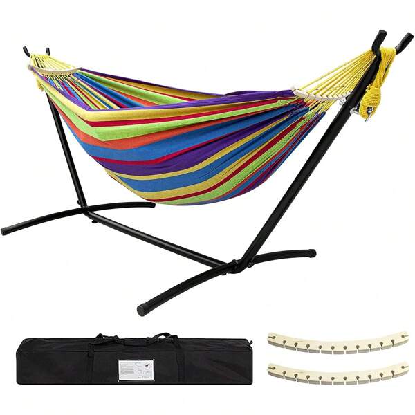 Double Hammock With Stand Included 450lb Capacity Steel Stand, Premium Carry Bag Included And Two Anti Roll Balance Beam