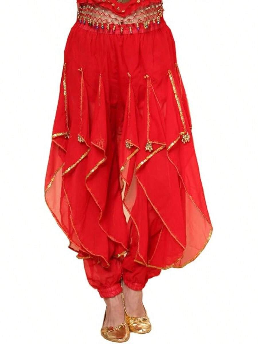 Belly Dance Harem Pants - Costume Pants Women, High Waisted Elastic Waistband, Soft Stretchy Fabric - 紅色 - 查看 1