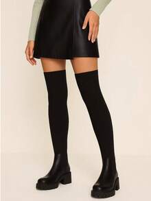 Fall/Winter Slim Fit Elastic Pull-On Thick Sole Comfortable Over-The-Knee Boots For Women - Black - View 3