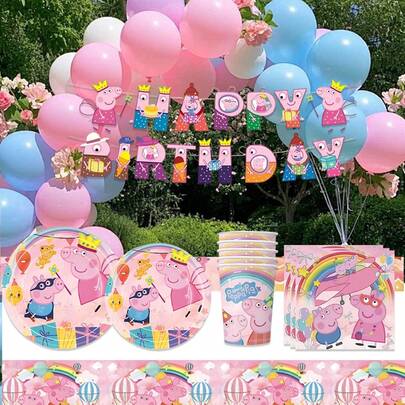 Peppa Pig Piatti di carta, bicchieri, tovaglioli, tovaglia, set di posate a tema maialino rosa per feste di compleanno, matrimoni, eventi, stoviglie monouso, forniture decorative per creare un'atmosfera