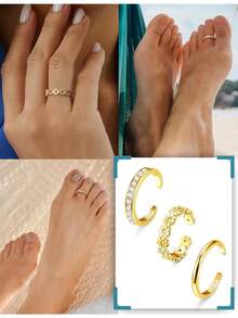 Milacolato 3Pcs Gold Filled Toe Rings For Women Non Tarnish 14K Gold Filled Toe Ring Adjustable Flower Cz Dainty Toe Ring Summer Beach Open Toe Rings Set Toe Jewelry Foot Jewelry - 彩色 - 查看 3