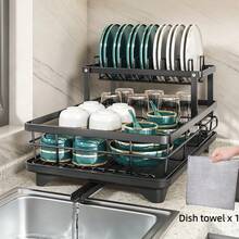 Dish Drying Rack, Extendable Dish Rack For Kitchen Countertop, Double Tier No Design, Stainless Steel Dish Drainer With Drain Board Set And Knife And Fork Holder, Cutlery Rack Kitchen Gift (Black, White) - Black - View 1