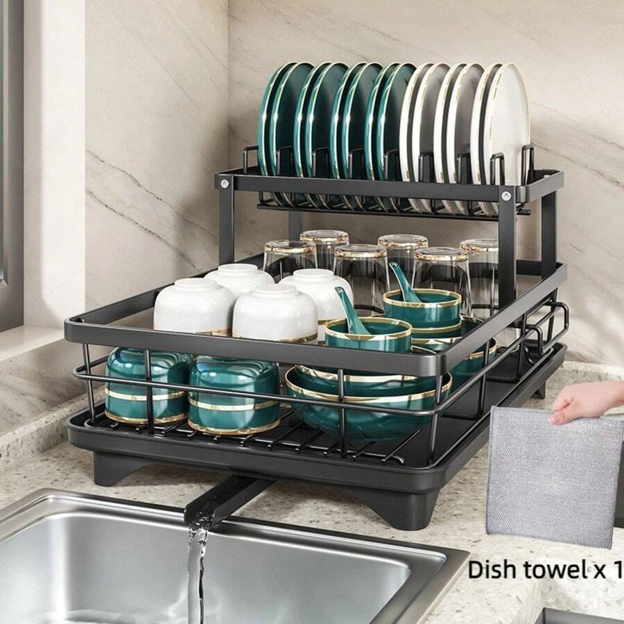 Dish Drying Rack, Extendable Dish Rack For Kitchen Countertop, Double Tier No Design, Stainless Steel Dish Drainer With Drain Board Set And Knife And Fork Holder, Cutlery Rack Kitchen Gift (Black, White) - Black - View 1