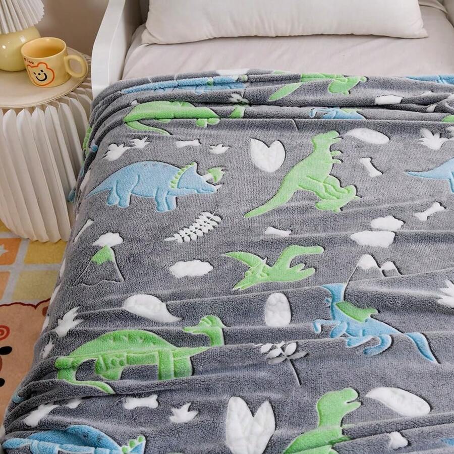 Leuchtender Dinosaurier Muster Decke, weich warm bequem süßer Dinosaurier Fleece Decke, einzigartiges Dinosaurier Spielzeug Geschenk, grau leuchtende Dinosaurier Zimmer Deko Decke, geeignet für Geburtstag, Feiertage, Mehrzweck