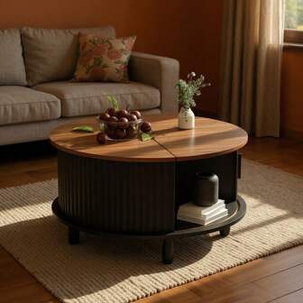 Farmhouse Coffee Table With Storage Round Wooden Coffee Table For Home Living Room Office Center Table With Sliding Cabinet Door Type 2