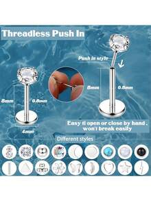 Milacolato 20G Threadless Flat Back Earrings For Women Men - Hypoallergenic Surgical Steel Push In Nose Stud Rings Labret Cartilage Lip Rings Medusa Nostril Conch Tragus Piercing Jewelry 18 Pairs - 彩色 - 查看 9