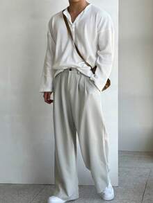 Henry Collar Waffle Knit Long Sleeve Lightweight Breathable Sun Protection T-Shirt For Men, Casual American Style Undershirt, Versatile Choice For All Seasons , Fall