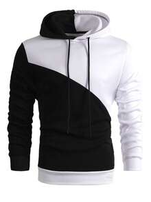 Men's Color Block Sweatshirt With Thermal Lined For Autumn/Winter - Black and White - View 6