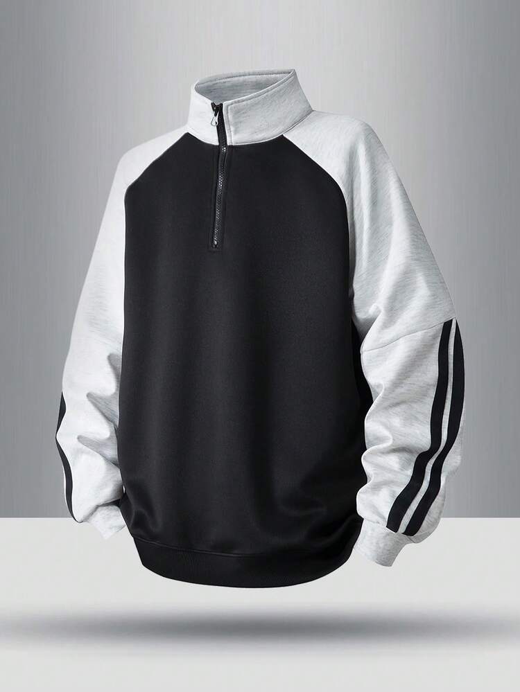 Jersey casual de cuello de cremallera de 1/4 con mangas raglán a rayas para hombres, tops con media cremallera de moda, primavera/otoño - Negro - Añade 1