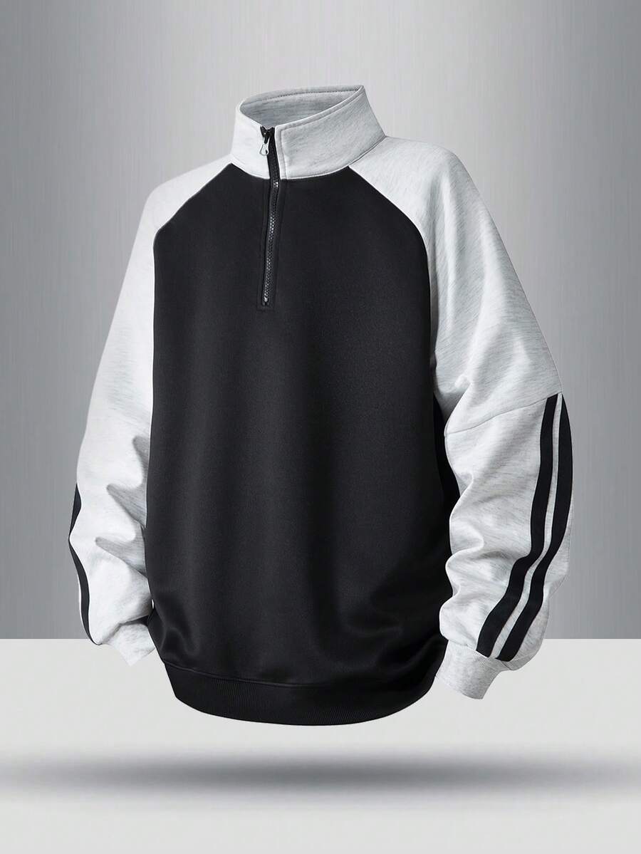 男士插肩袖条纹休闲四分之一拉链套头卫衣，时尚半拉链上衣，春秋季 - 黑色 - 查看 1