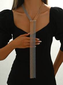 1pc Fashion Square Box-Shaped Chain Multilayer Long Necklace With Acrylic Pearl Decor Metal Charm, Suitable For Dress Up